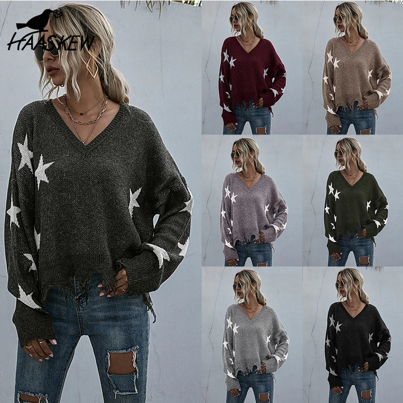 

HAASKEW Autumn Winter Tassel Jumper Sweater Women Star Pattern Full Sleeve Knitted Pullovers Sweater Tops For Women 2021 New