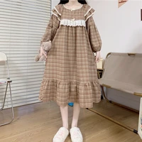 korean version of the loose retro plaid long sleeve nightdress nightgown female spring 2021 nian new simple style clothing suit