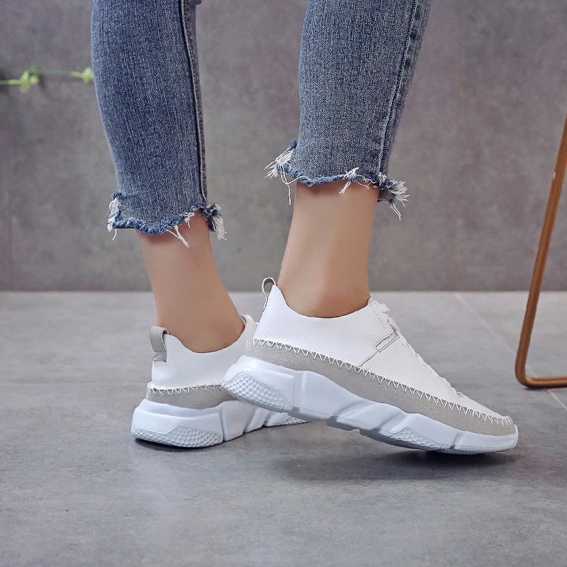 

Sewing Patchwork Casual Shoes 2019 New Sneakers Women Shoes Leather Flock Plus Size Flat Heel Lace Up Platform Shoes Woman Flats