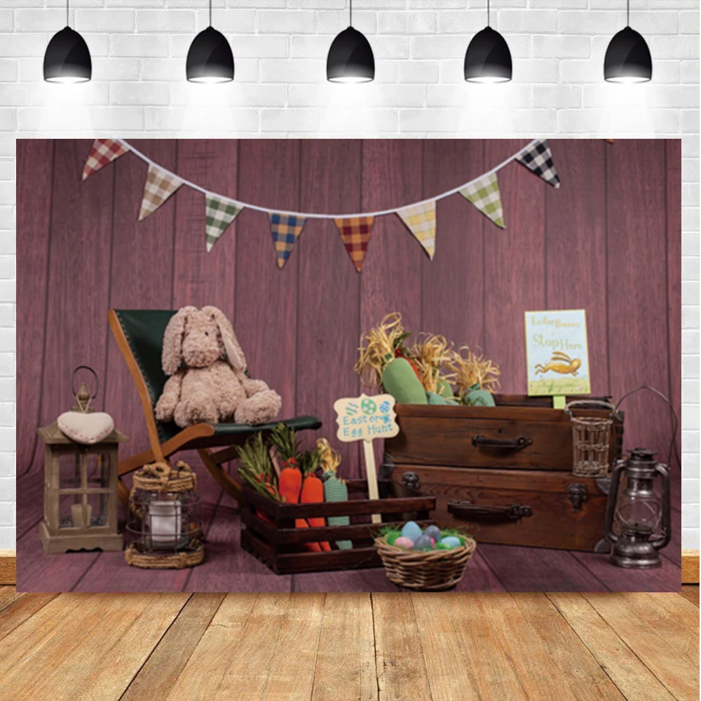 

Laeacco Happy Easter Photography Background Wood Board Doll Bunny Carrot Newborn Portrait Custom Backdrop For Photo Studio