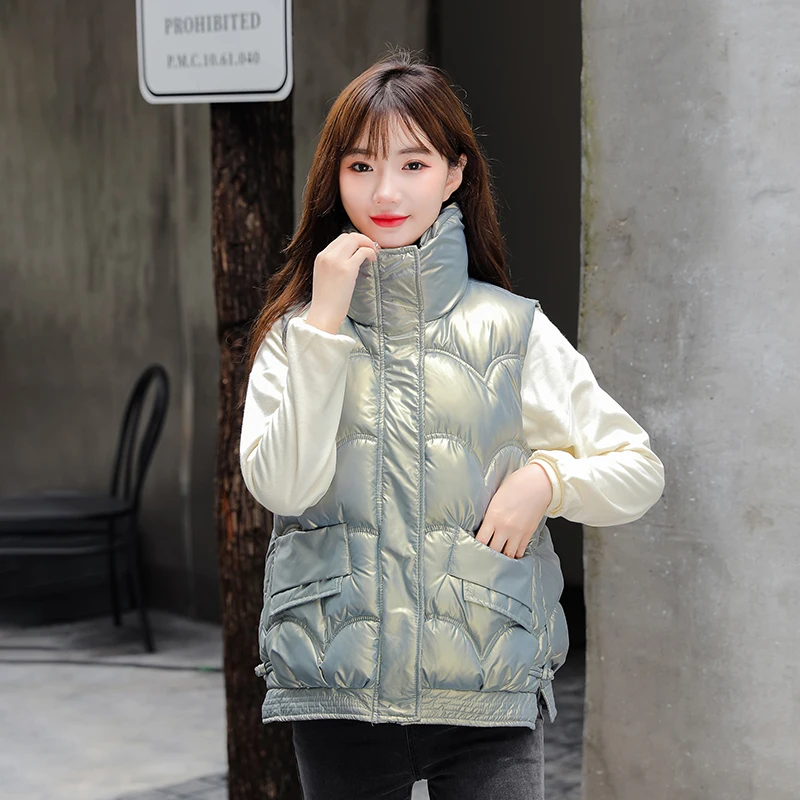 

Autumn Winter Women's Casual Vest Stand Collar Bright Cotton Padded Waistcoat for Female Glossy Sleeveless Puffer Vest