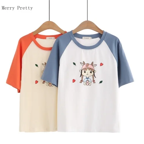

Short Sleeve O-neck Casual Cotton T-Shirts Women Clothing 2021 Summer Sweet Style Ladies Basic Patchwork Kawaii Cute Tops Tees