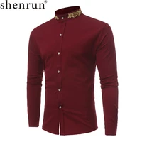 shenrun men fashion shirts long sleeve stand collar wheatear embroidery autumn winter business party shirt wine red black white