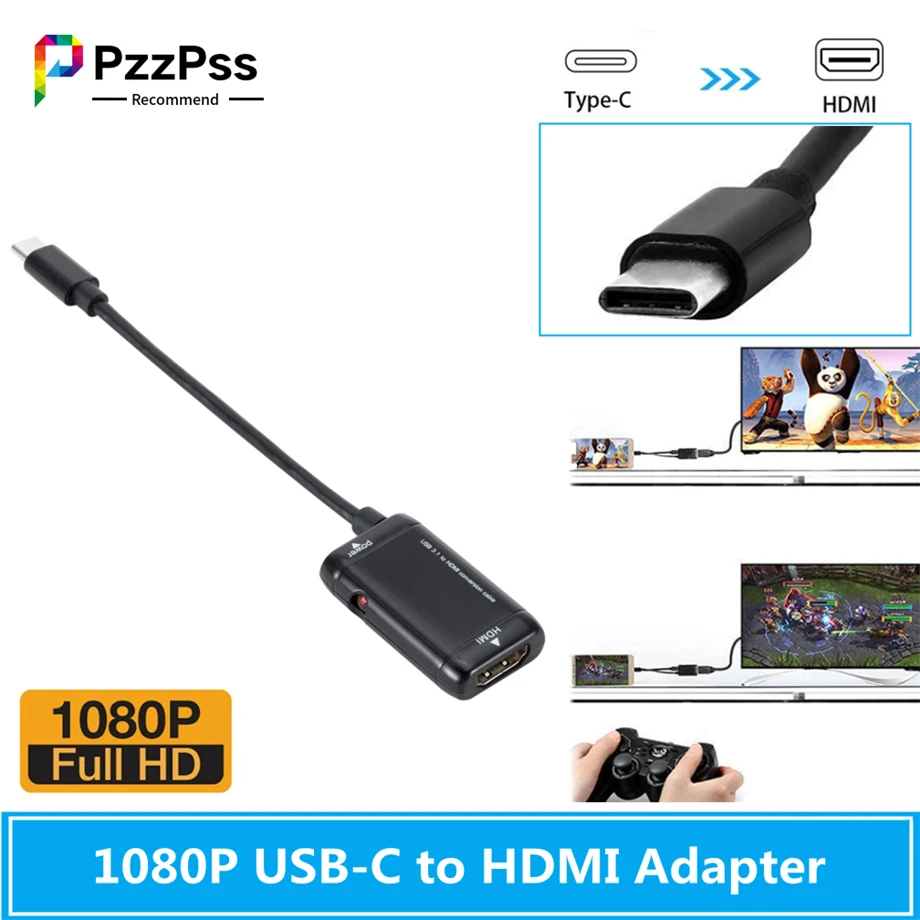 

PzzPss Black USB-C Type C To HDMI-compatible Adapter USB 3.1 Cable For Android Phone Tablet USB3.1 C To HDMI-compatible Adapter