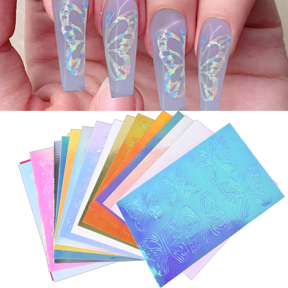 

12/16/55Pcs Butterfly Wings Flame Stencils Holographic 3D Nail Art Sticker Tape Decals Adhesive Laser Foils DIY Decoration Nail