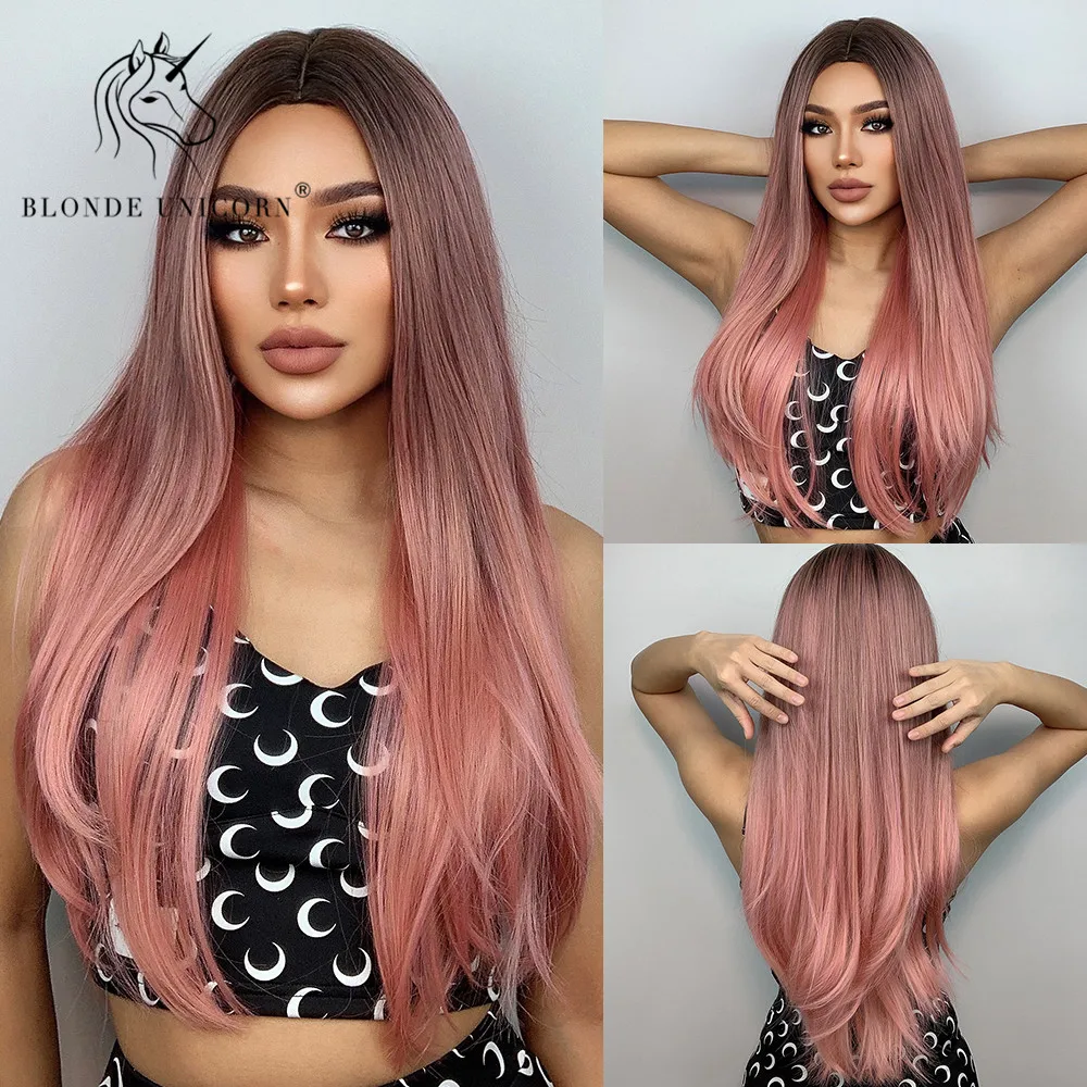 

Blonde Unicorn Women Synthetic Wigs Long Straight Hair With Natural Bangs Ombre Pink Daily Wig Heat Resistant Fiber