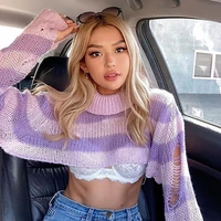 2021 women turtleneck sweater pink and purple striped hole cropped pullover sweaters fashion batwing sleeve knitwear clothing