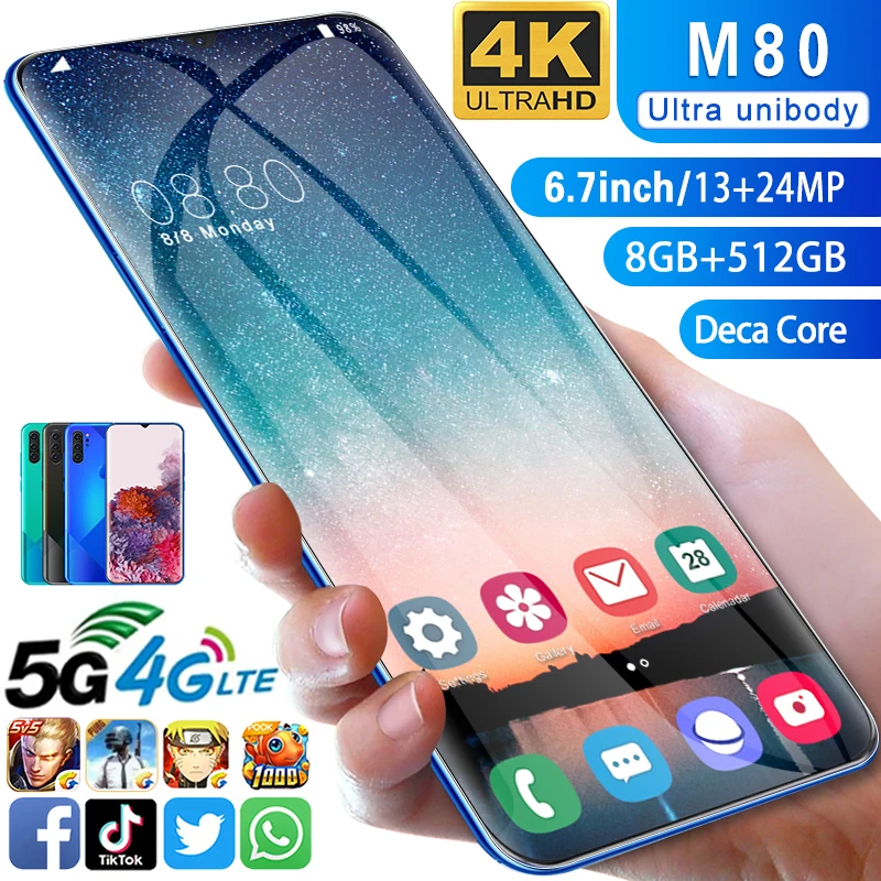 

Global Version Smartphone M80 6.7Inch 8GB+512GB Android10 Deca Core 4G 5G 4800mah 13MP+24MP MTK6899 Unlocked Telephone Celulares