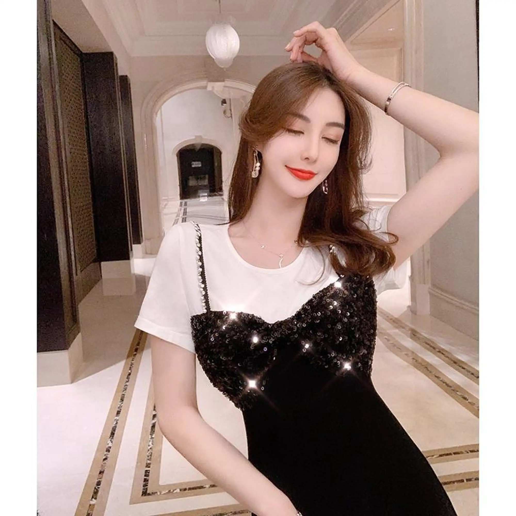 

Splicing Hepburn Wind Skirt 2020 Summer dress new waist show thin temperament small black skirt
