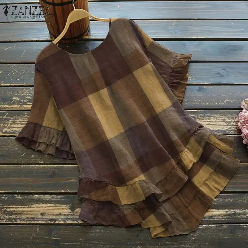 

Women Fashion Irregular Top Casual O Neck Ruffle Blouse Oversize ZANZEA Vintage Plaid Check Blusa 2021 Summer Flare Sleeve Tunic