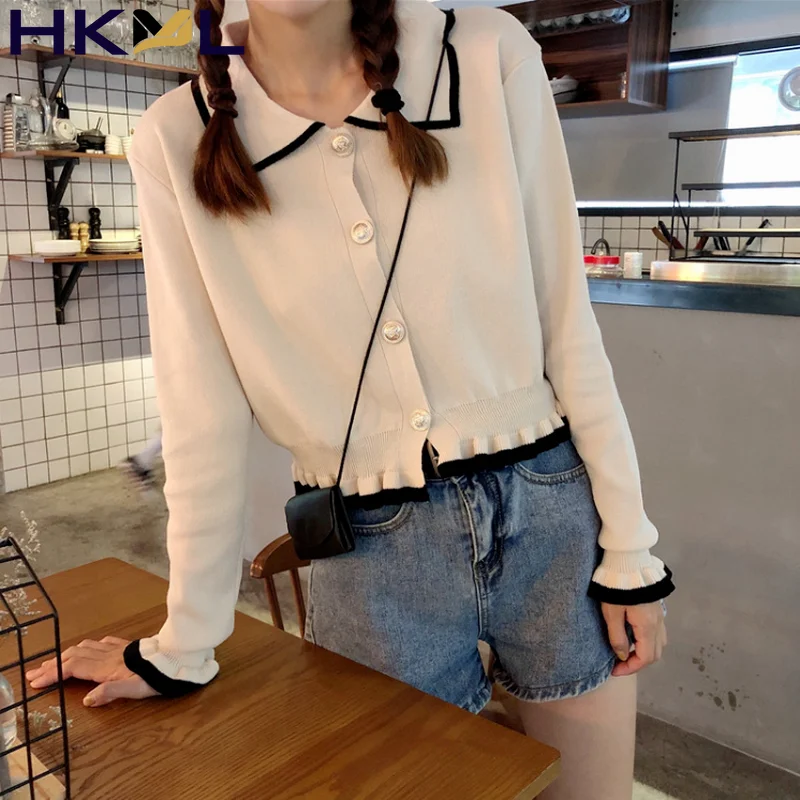 

Women Knitted Jackets Turn-down Collar Slim Bottoming Cardigans Single Breasted Long Sleeve Ruched Sweater