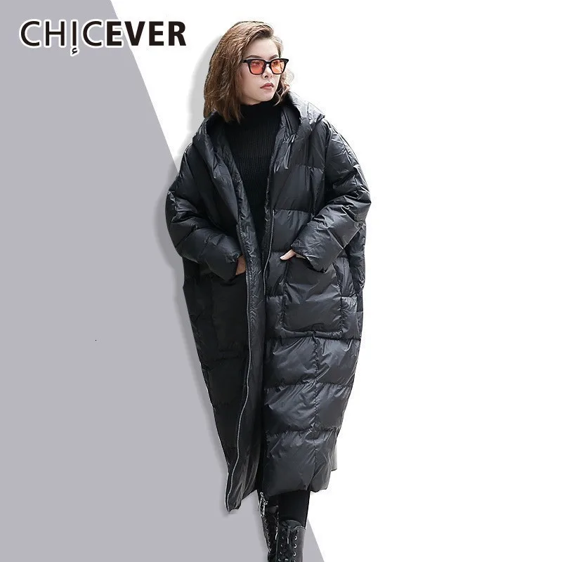 CHICEVER зимние толстые женские парки с капюшоном длинным рукавом Свободные большие