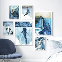 nordic sky whale canvas painting blue ocean landscape art posters and prints abstract animal wall pictures for living room decor