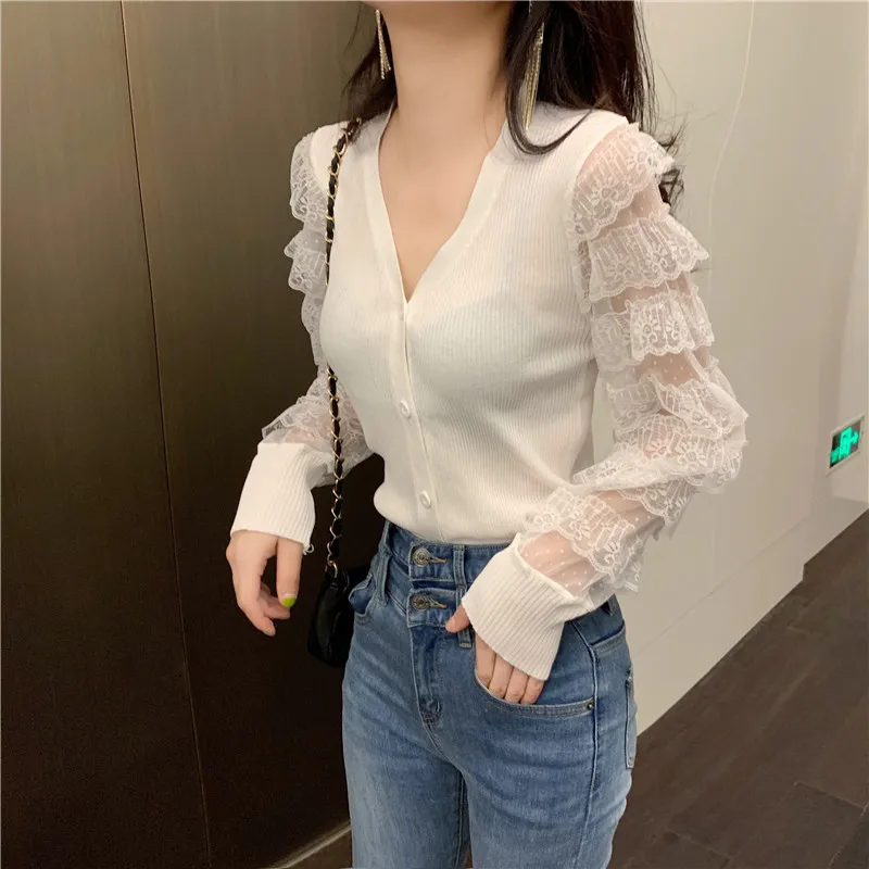 

v-neck lace mesh knitted patchwork autumn women blouses fashion brand long sleeve shirts sweet style Korean tees moda new