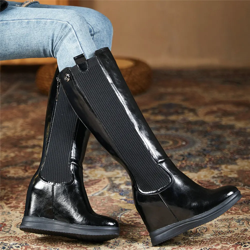 

2021 Women Genuine Leather Wedges High Heel Mid Calf Snow Boots Female Winter Warm Thigh High Platform Pumps Shoes Casual Shoes