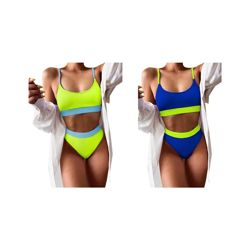 

ELOS-2Set Ladies European And American Swimwear Split Contrast Stitching Bikini Swimsuit L, Fluorescent Color & Royal Blue