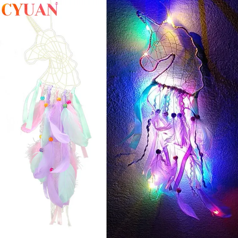 Единорог висячие украшения с светодиодный светильник перо Ловец снов домашнего