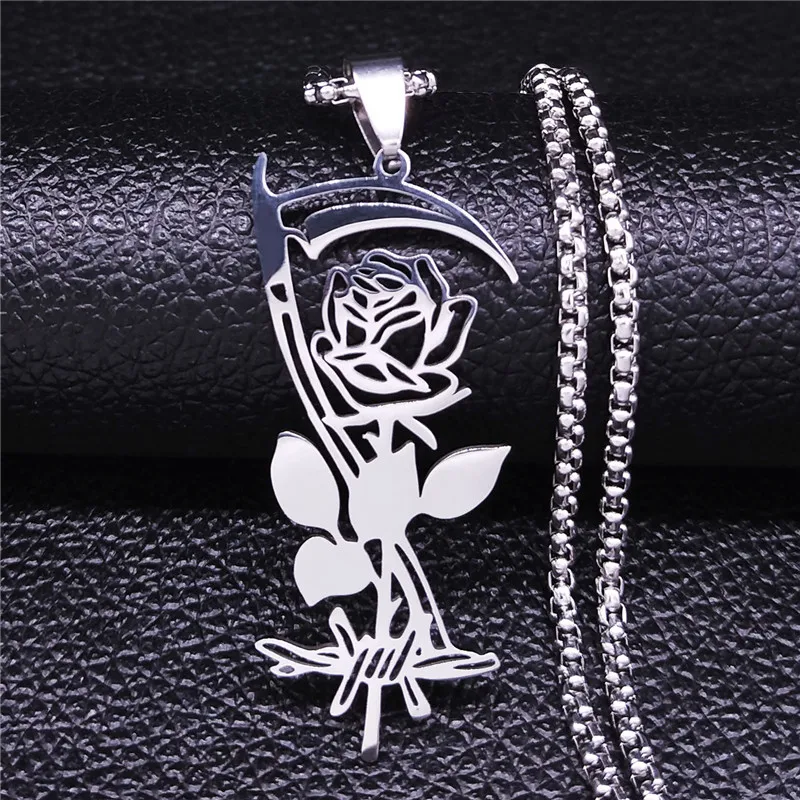 

2022 Goth Sickle Rose Stainless Steel Chain Necklaces for Women Silver Color Charm Necklaces Jewelry colier femme N4420S02