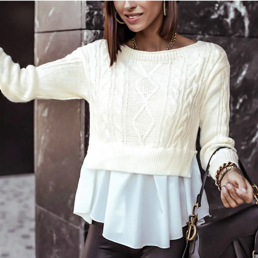 

Autumn Sweater Round Neck Knitted Feature Stitching Ruffled Pullover Sweater Casual Long Sleeve Solid Color Pink Woman Sweaters