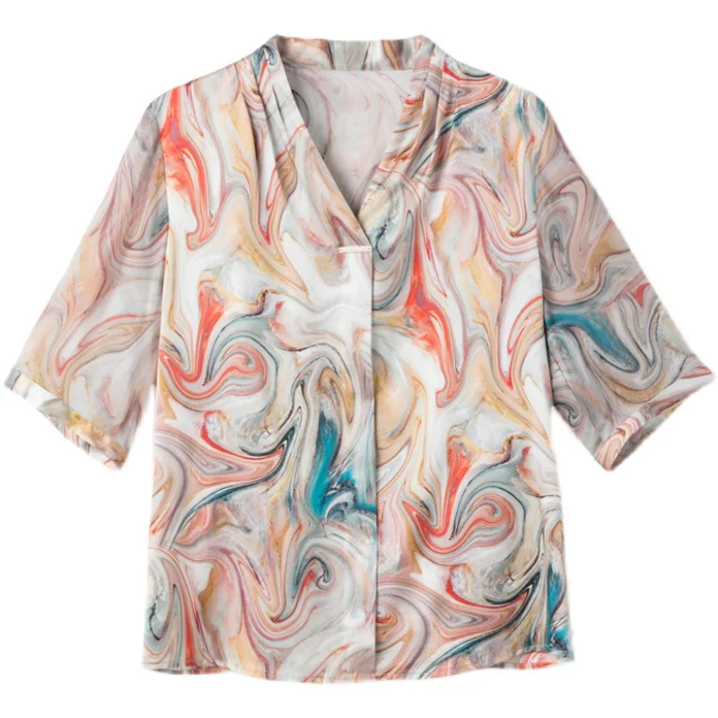 

2021 Summer Fahion Woman Blouse Shirring V-Neck Shirt Female Print Top Woman Three Quarter Women Tops and Blouses Silk Shirts