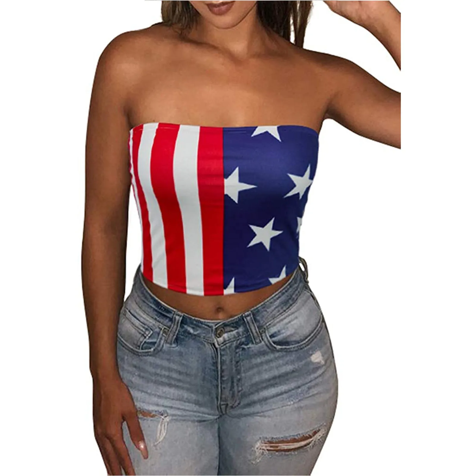 

Fashion Womens Flag Print Off The Shoulder Elasticity Tee Short Camis Blouse Party Sexy Wrap Summer Top Cropped independence Day
