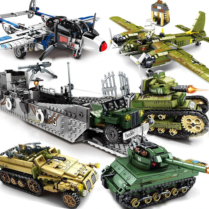 Военный танк Sembo WW2 самолет корабль боевой реактивный армия солдат фигурка группа