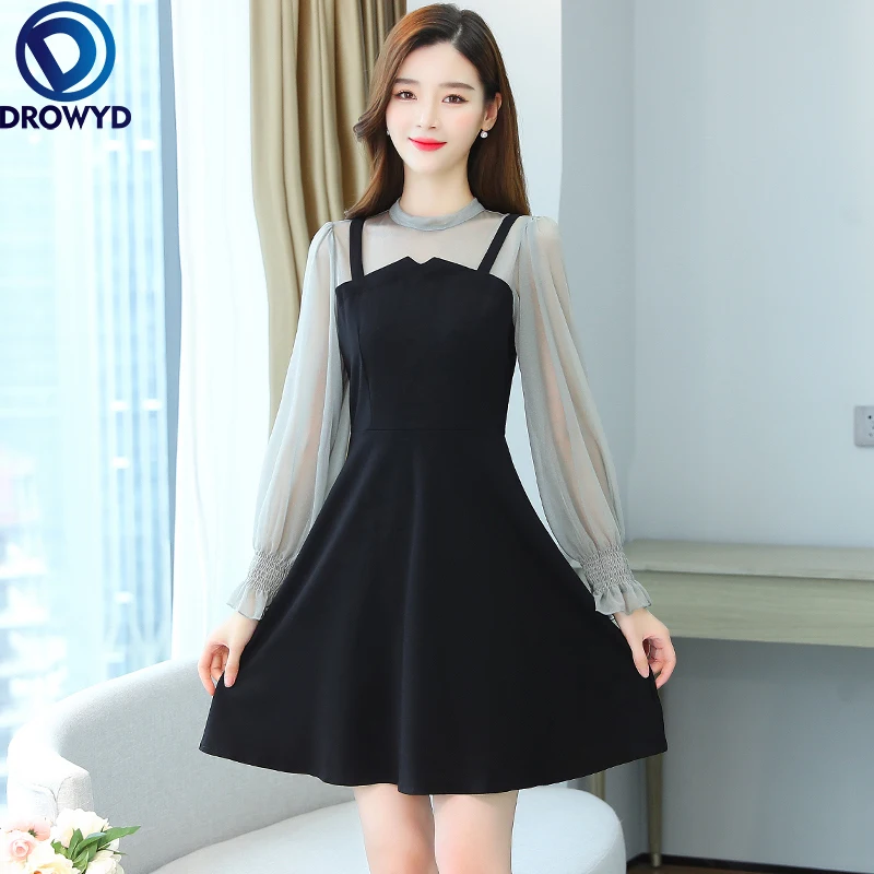 Женское платье-двойка с круглым вырезом черное ТРАПЕЦИЕВИДНОЕ ПЛАТЬЕ в