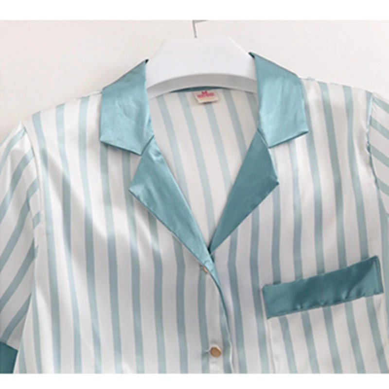 

New Style Pajamas Set Women Cute Strip Blue Bowknot Sleepwear Leisure Lingerie Short Sleeve Pants Casual Comfortable Underwear