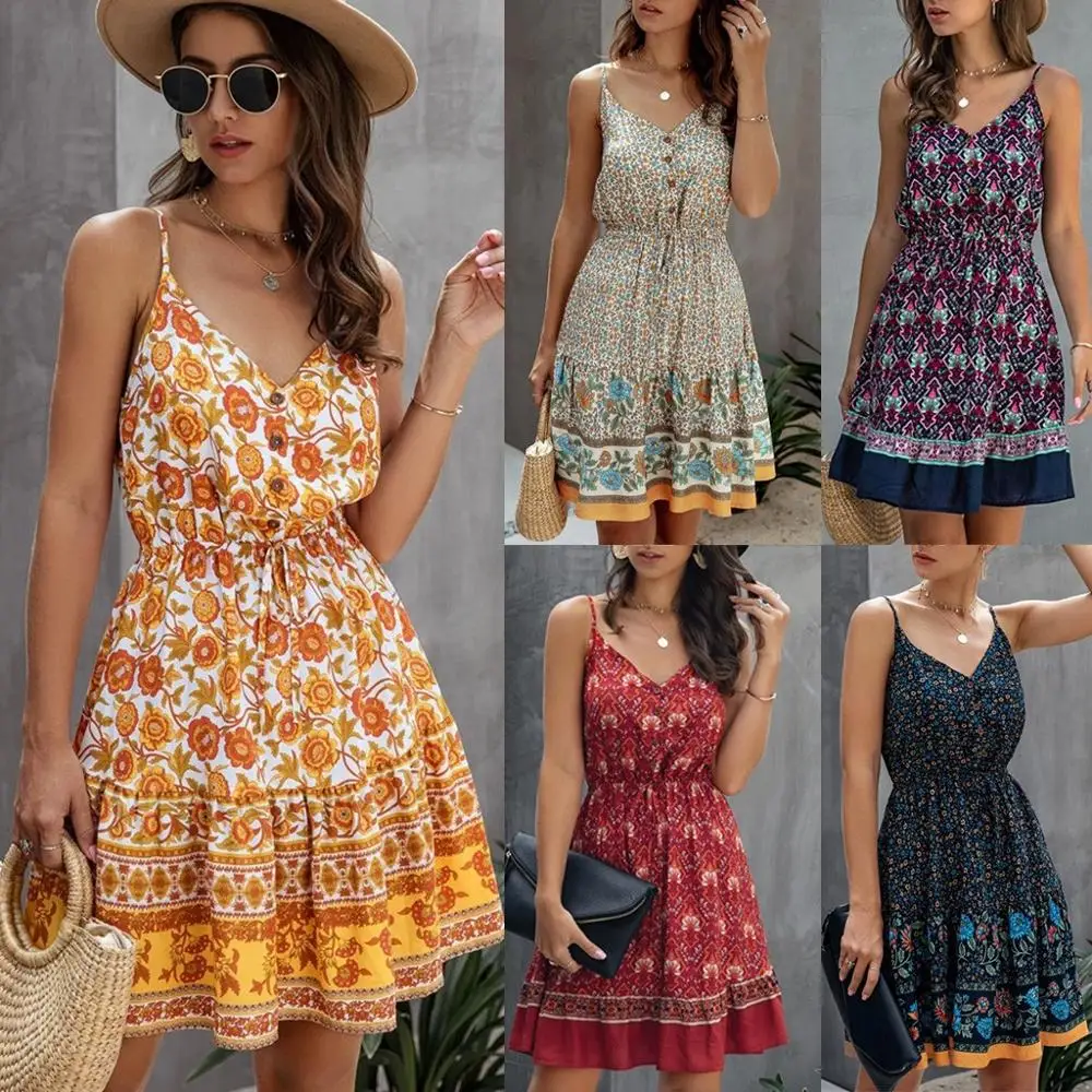 

2020 Women Summer Sling Boho V-Neck Sleeveless Evening Party Beach Dress Casual Floral Strap V Neck Sexy Backless Dress Vestidos