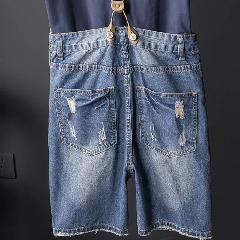 Boys Summer Casual Denim Shorts Knee Length Jumpsuits Hole Ripped Jeans Zipper Mens Streetwear Washed Suspenders | Мужская одежда