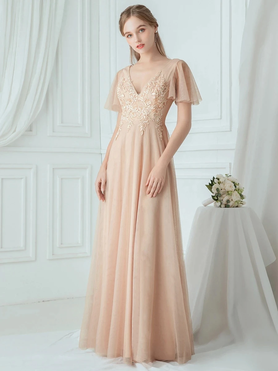

Rommantic A-Line Embroidered Wholesale Bridesmaid Dress with Ruffle Sleeve