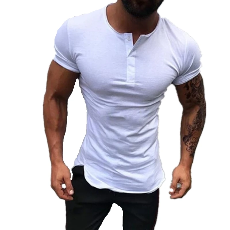 

Повседневная модная мужская приталенная футболка с коротким рукавом, мужские стильные топы на пуговицах, футболка