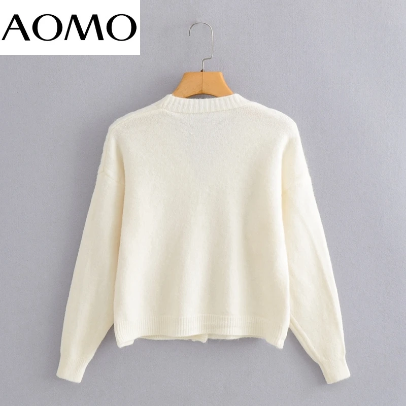 

AOMO Women Elegant Twist White Cardigan Vintage Jumper 2021 Female Knitted Cardigan BC184A