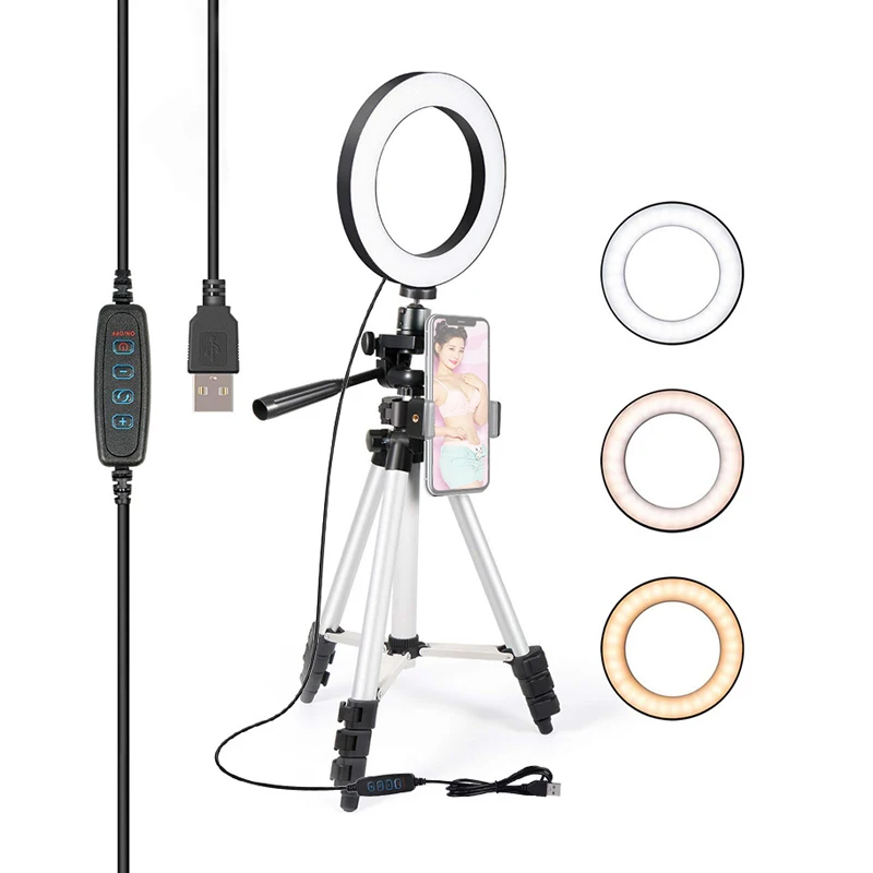 

Photography Phone Selfie Ring Light Profissional 6" Dimmable Lamp with Tripod Stand USB for Studio Video Photo Ringlight White