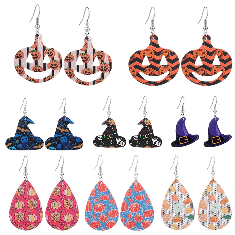 Новые дешевые серьги из искусственной кожи Хэллоуин тыква шляпа Мода