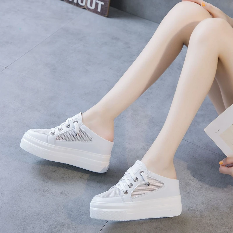 Size 42 Real Leather Wedged Shoes for Women Platform Plus Size Slippers Women White Summer Shoes Fashion Casual Ladies Slippers