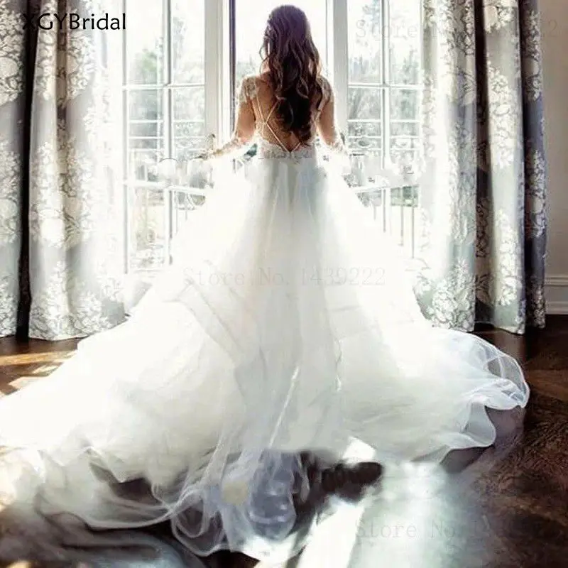 

New Bridal Wedding Dress V Neck A Line Appliques Wedding Dress Boho Tiered Tulle Robe De Mariee Dubai Arabic Abiti Da Sposa