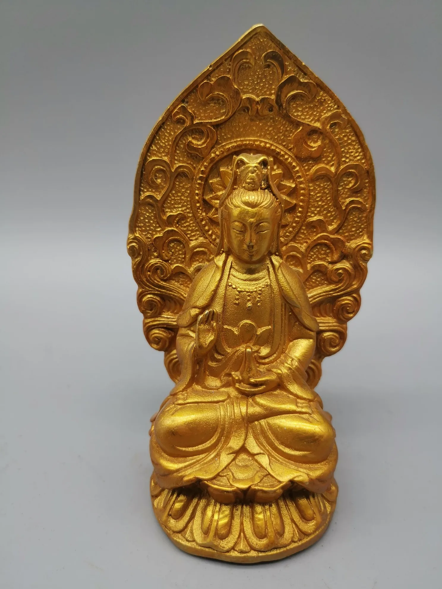 

4.6" Collect China Bronze Gilding Buddhist Buddha's Halo Kwan-yin Guanyin Avalokitesvara Bodhisattva Sit Lotus Statue Home Decor