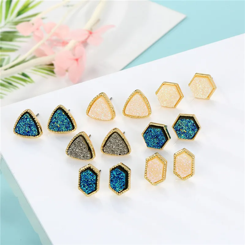 

Drusy Druzy Stone Earrings Geometric Geode Crystal Stud Earrings Glitter Earstud For Women Jewelry Girl Gift