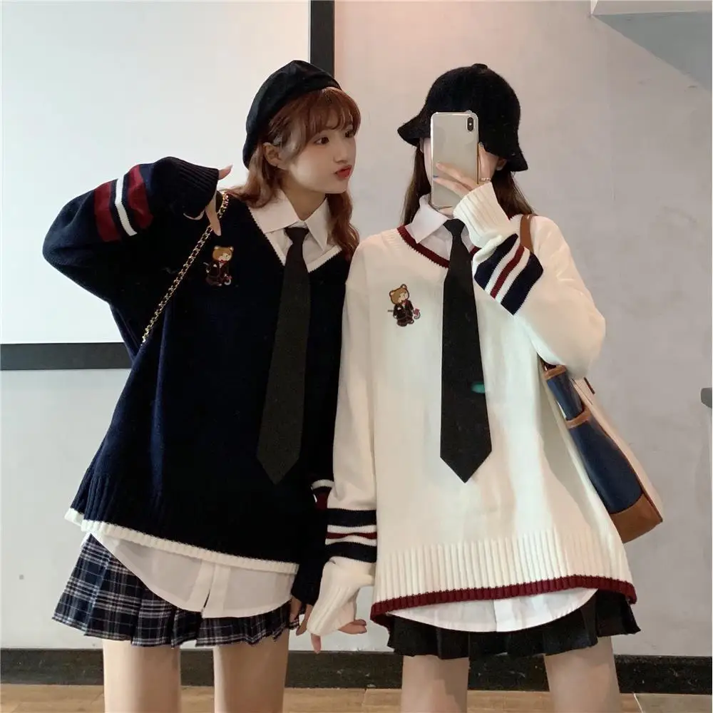

Japanese 2021 Autumn Winter Women Pullovers And Sweaters Uniforms Preppy Style Bear Embroidery Soft Warm Female Knitted Sweater