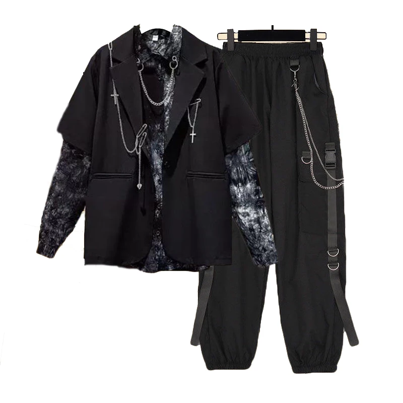 Autumn 2022 Women Chain Cargo Pants+Chian Blouse+Chain Vest Women Streetwear Harajuku 3 Piece Set For Women Pants