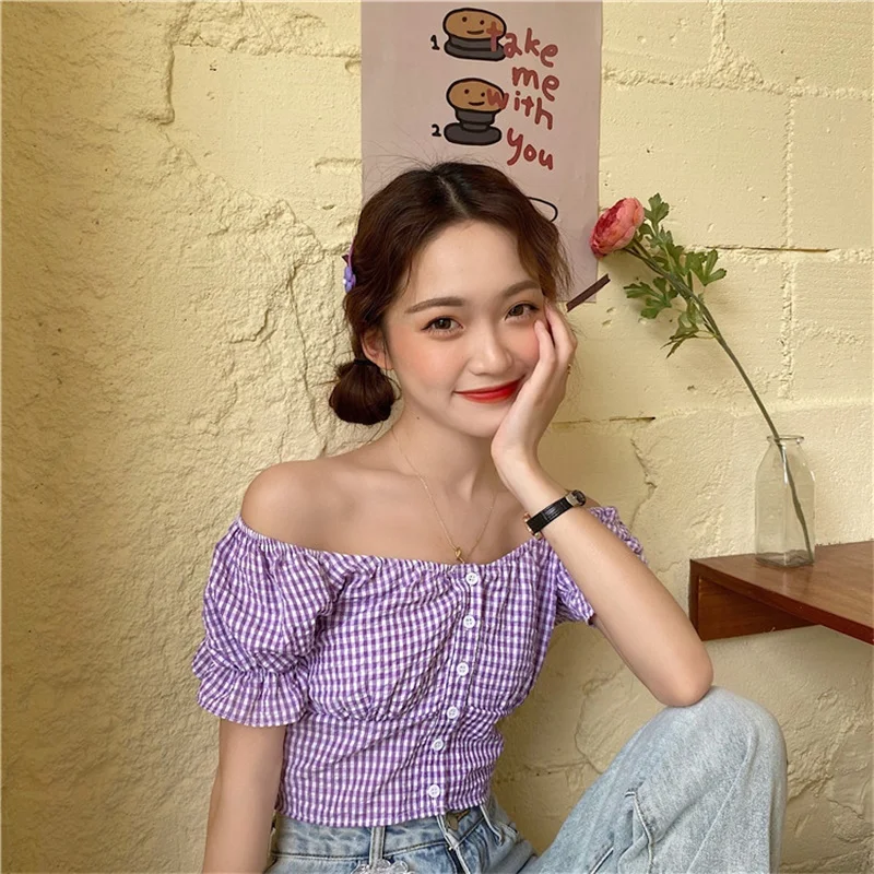 

South Korea 2021 Summer New T-Shirt Short Paragraph One-Shoulder Plaid Top Sweet And Thin Bottoming Short-Sleeved Top Women