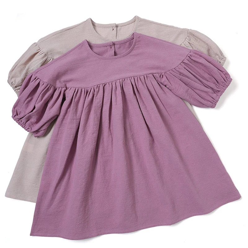

2021 New Spring Autumn Loose Linen Solid Color Dress Kid Clothes Girl Children Dress Girl Clothes Dress For Girls