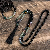8mm natural green aventurine indian agate black onyx beaded necklace 108 japa mala meditation yoga blessing jewelry bracelet set