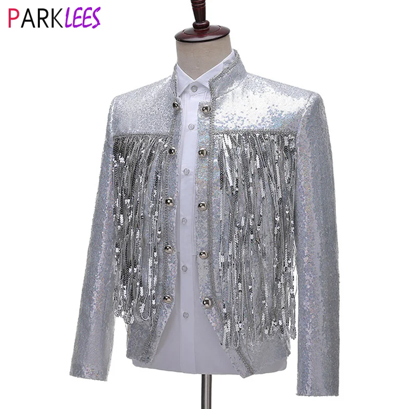 White Tassel Sequins Glitter Blazer Jacket Men Stand Collar Palace Flower Embroidery Mens Blazers Singer DJ Prom Stage Costume