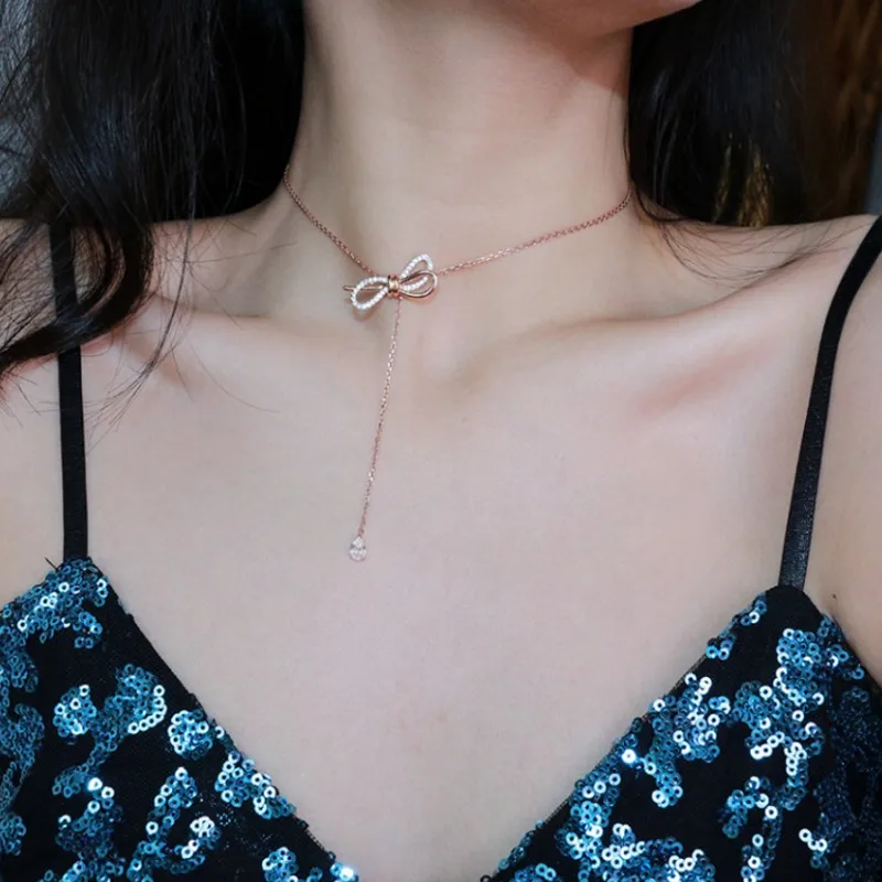 Фото Романтическое ожерелье из стерлингового серебра 925 пробы с бантом цепочка для