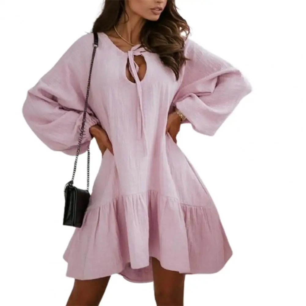 

Women Dress Long Puff Sleeve Tie-up Cotton Flax Spring Summer Sexy Hollow Out Ruffle Party Dress for Vacation