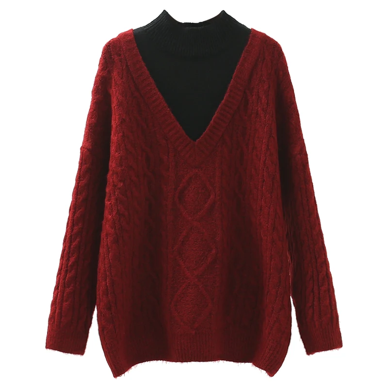 

Vintage Flase 2 Pieces Knitted Women Sweater And Pullovers Long-Sleeved Solid Loose Thicken Warm Female Pulls Outwear Tops