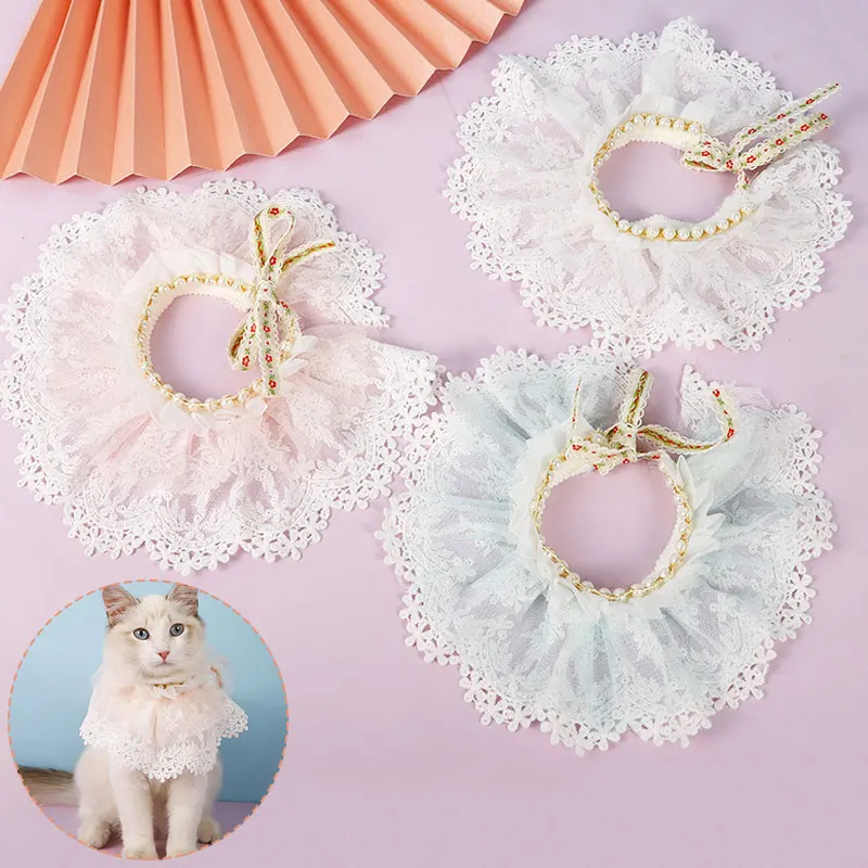 

Sweet Pearl Double Lace Cat Collar Pet Safety Bibs Pet Grooming Accessories Puppy Cat Neck Scarf Kawaii Pet Cat Bow Tie