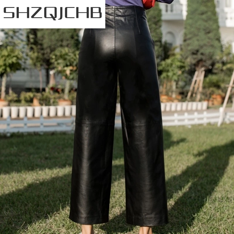 

JCHB 2021 Autumn Winter High Waist Black Womens Wide Leg Pants Fashion Casual Loose Real Leather Sheepskin Ankle Length Female P